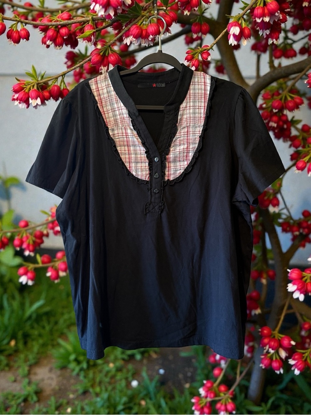 MXM Black Cotton T-Shirt with White/Red/Grey Plaid Yoke with Pintucking Detail